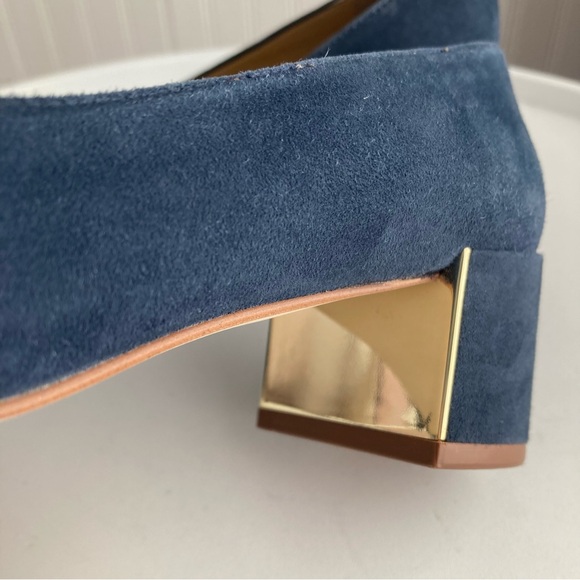 Talbots Indigo Blue Claire Block Heel Pumps Suede Gold Size 6M Women’s Shoes - Picture 7 of 16